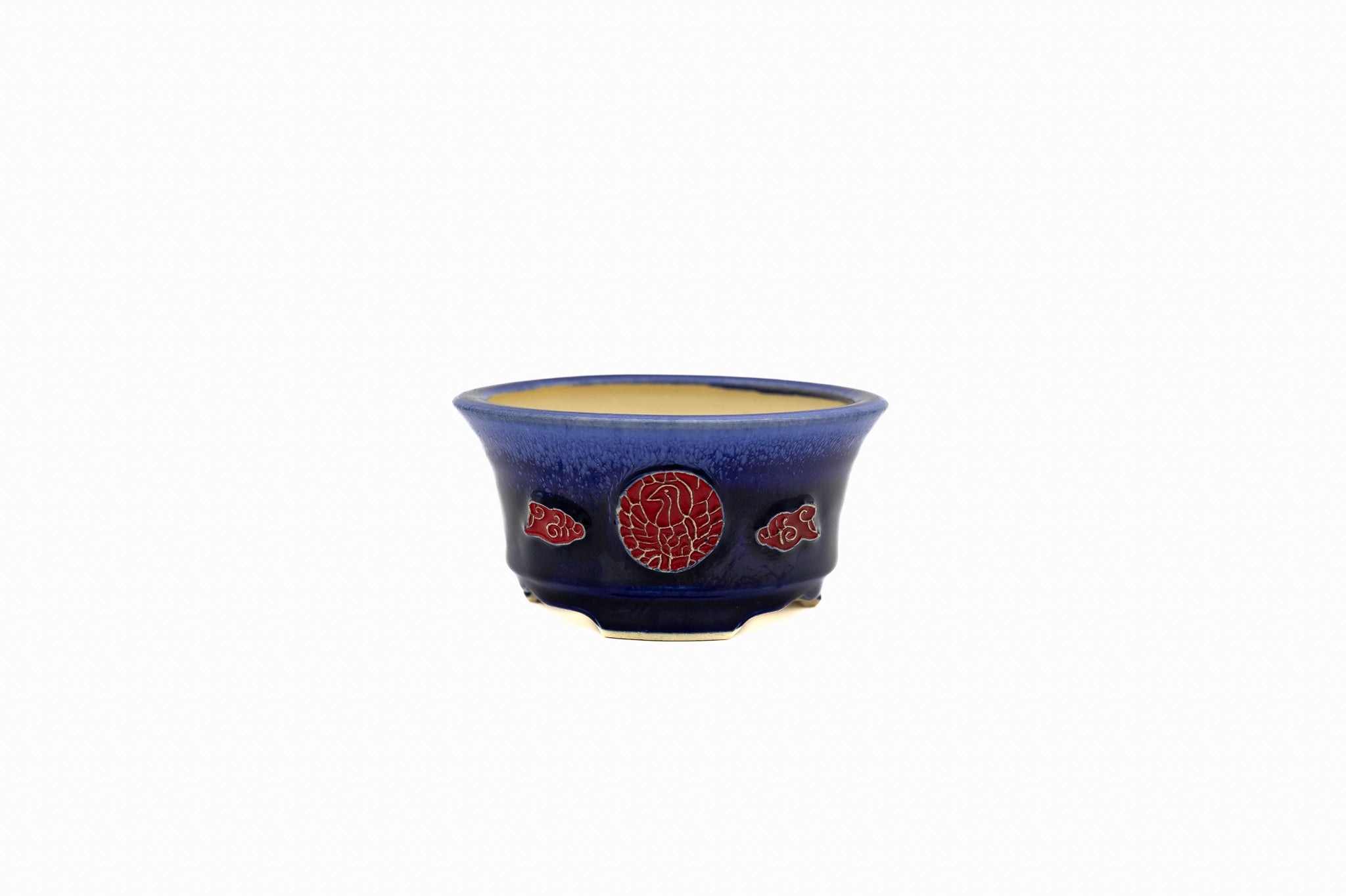 Kleine ronde bonsaipot – Ruri blauw glazuur, wedstrijdkwaliteit, vierkante voetjes