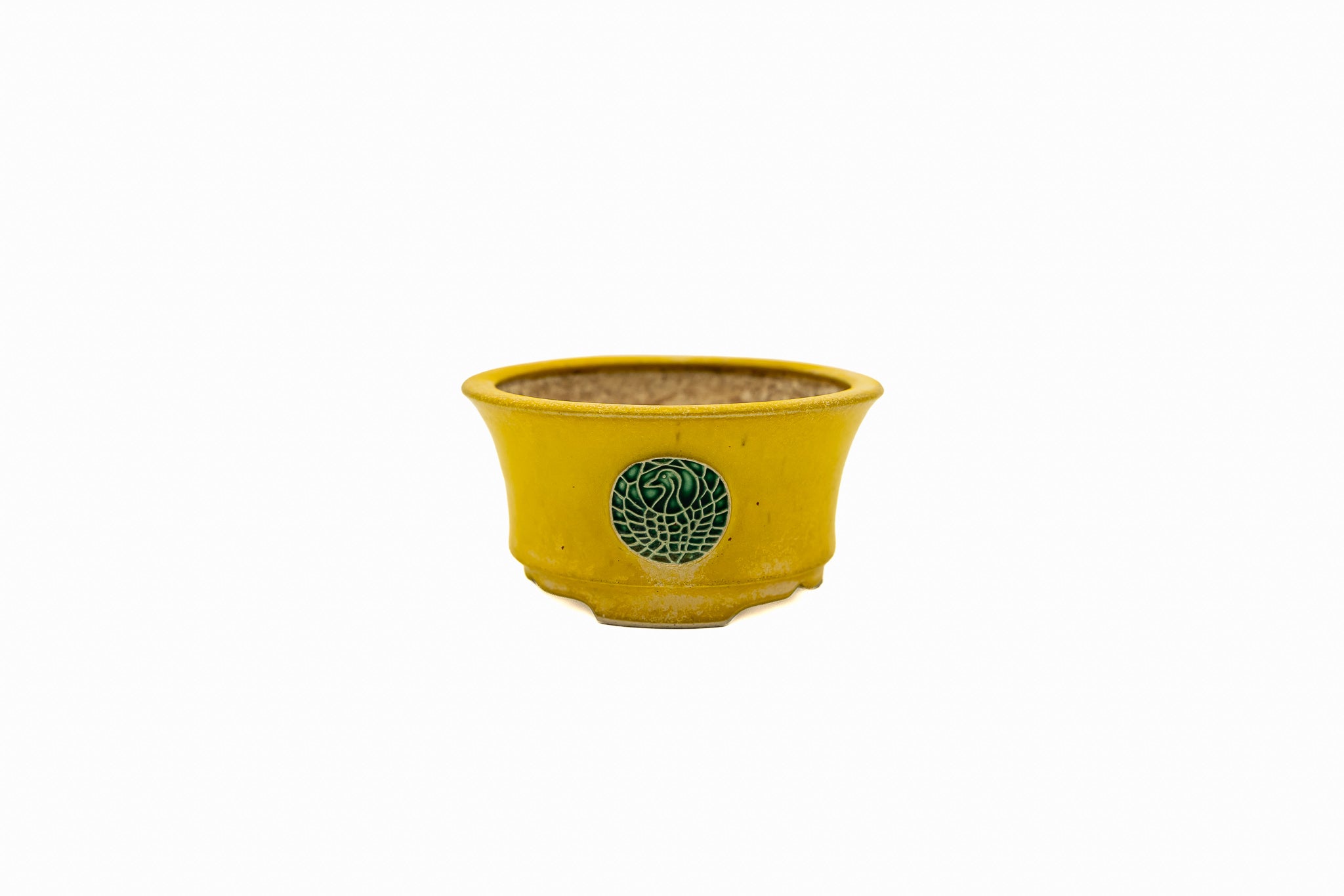 Klein rond bonsaipotje – geel glazuur, vintage medaillon