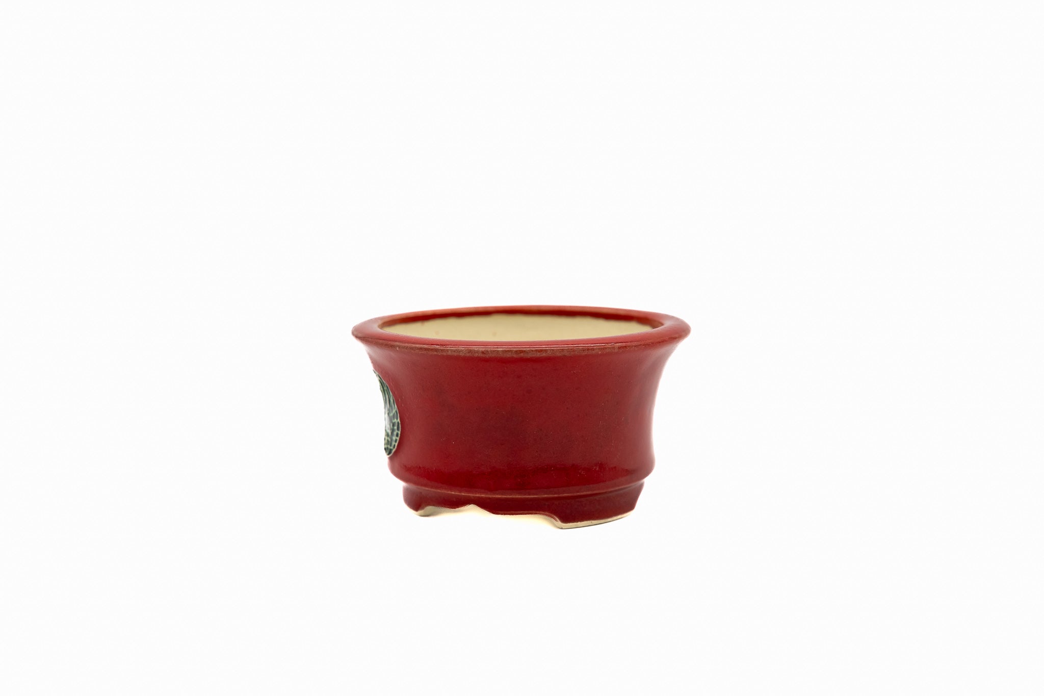 Klein rond bonsaipotje – rood geglazuurd, robuuste vorm Klein rond bonsaipotje – rood geglazuurd, robuuste vorm