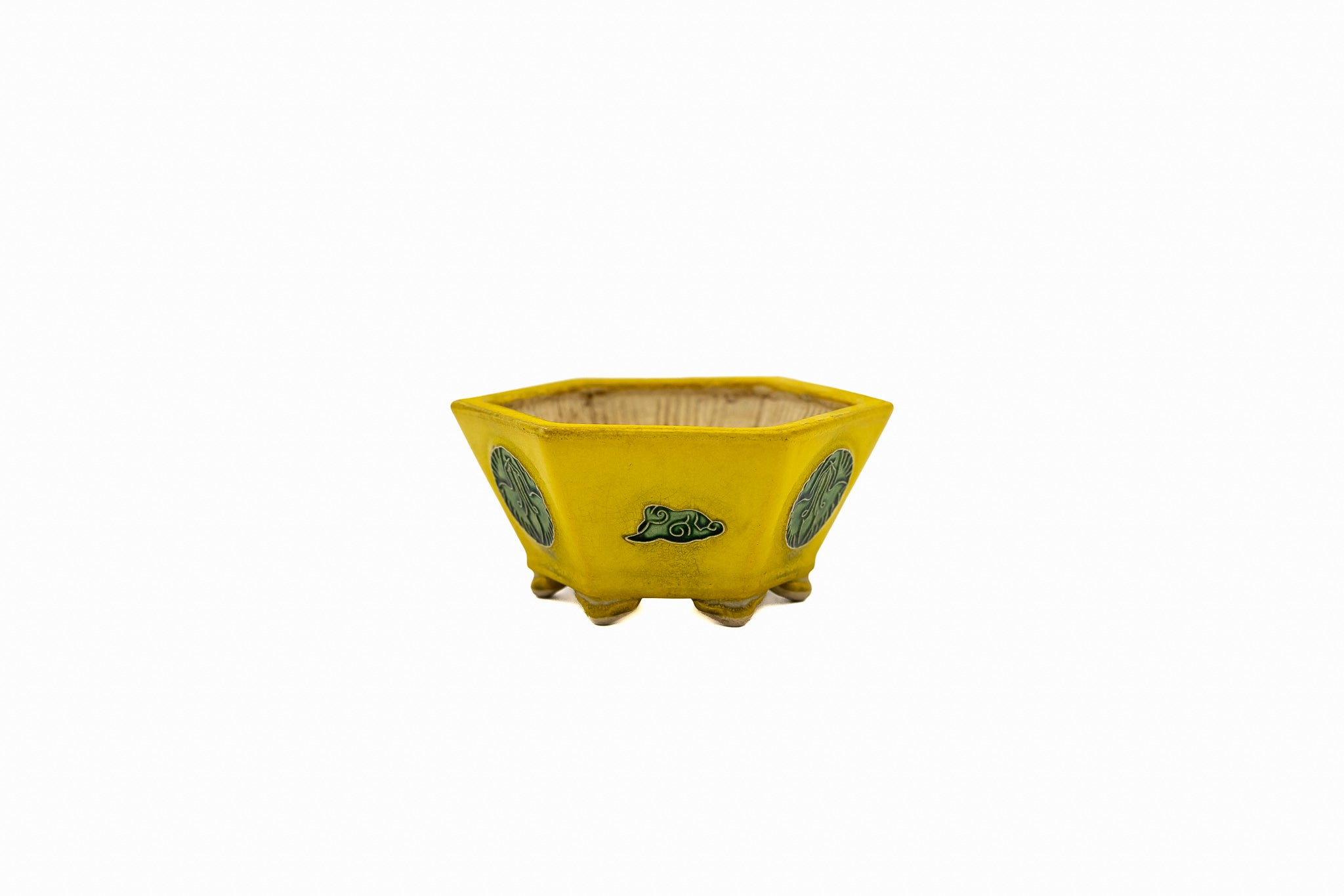 Kleine zeshoekige bonsaipot – Geel glazuur, vintage medaillon